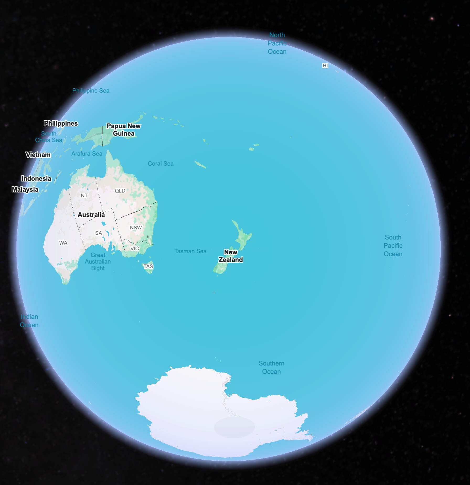 A view of the globe that centers NZ, Australia and Antarctica are on the periphery. The rest is the great Pacific ocean. A view of the globe that centers NZ, Australia and Antarctica are on the periphery. The rest is the great Pacific ocean.