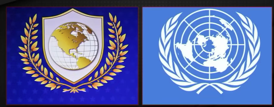 Two logos. On the left the new "Board of Peace" featuring a shield with a circular map of North America and a little of South America. It's gilded, white and surrounded by laurel leaves.
On the right, the light blue and white UN logo, which is a projection of the entire globe as seen from the north pole. The land masses are flattened and stretched but they are all present. It is also surrounded by laurel leaves. Two logos. On the left the new "Board of Peace" featuring a shield with a circular map of North America and a little of South America. It's gilded, white and surrounded by laurel leaves.
On the right, the light blue and white UN logo, which is a projection of the entire globe as seen from the north pole. The land masses are flattened and stretched but they are all present. It is also surrounded by laurel leaves.