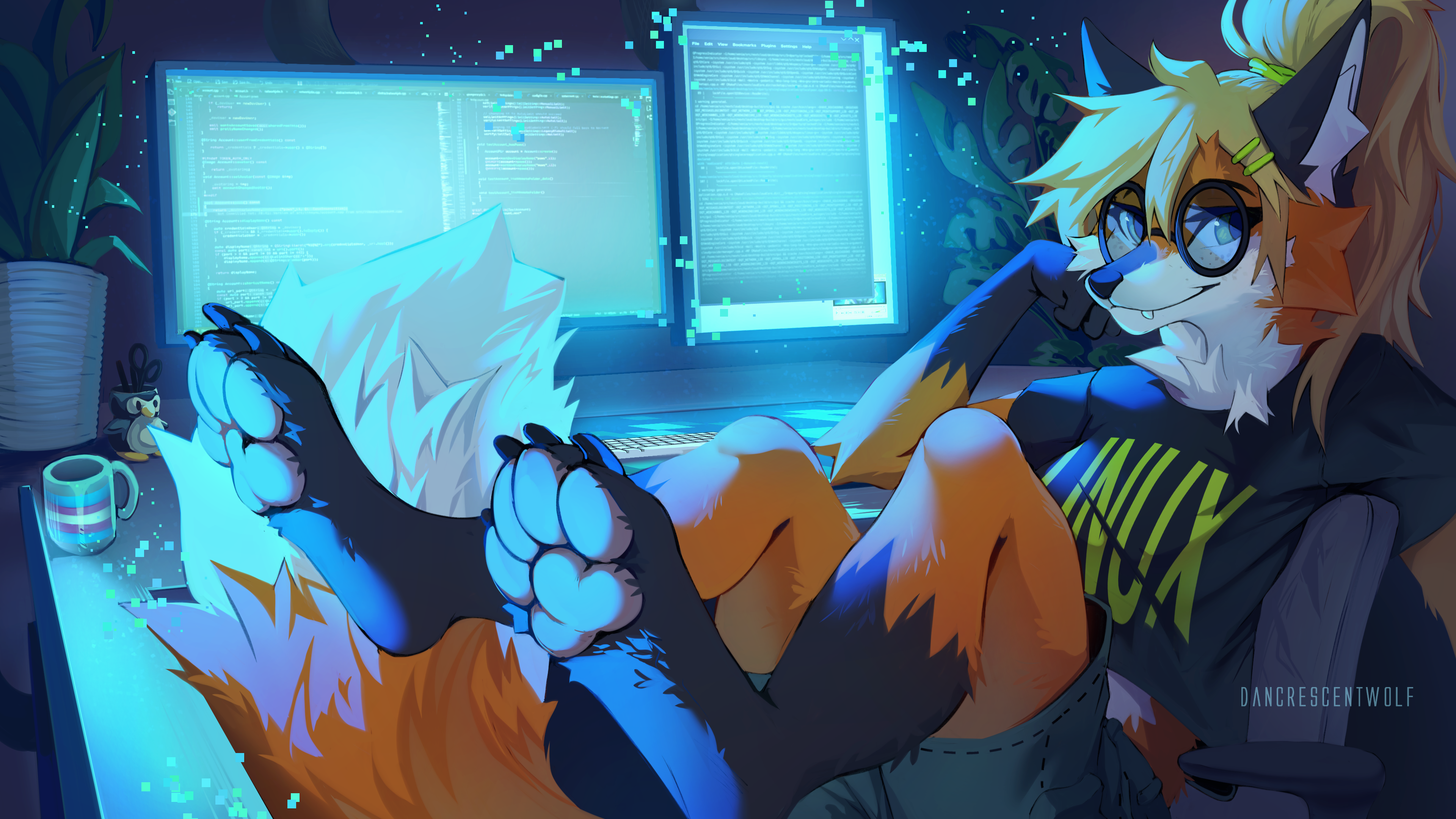 Wallpaper of Xenia, the inofficial, but way better, Linux mascot! She's sitting on an office chair, sourrounded by glowing screens - putting her paws into the air. Wallpaper of Xenia, the inofficial, but way better, Linux mascot! She's sitting on an office chair, sourrounded by glowing screens - putting her paws into the air.
