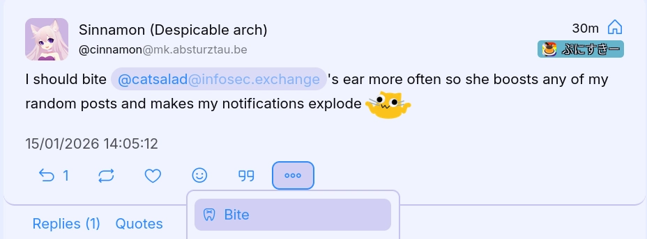 Screenshot of the post I'm replying to. I'm hovering over the bite feature from ice shrimp, about to bite Cinnamon.