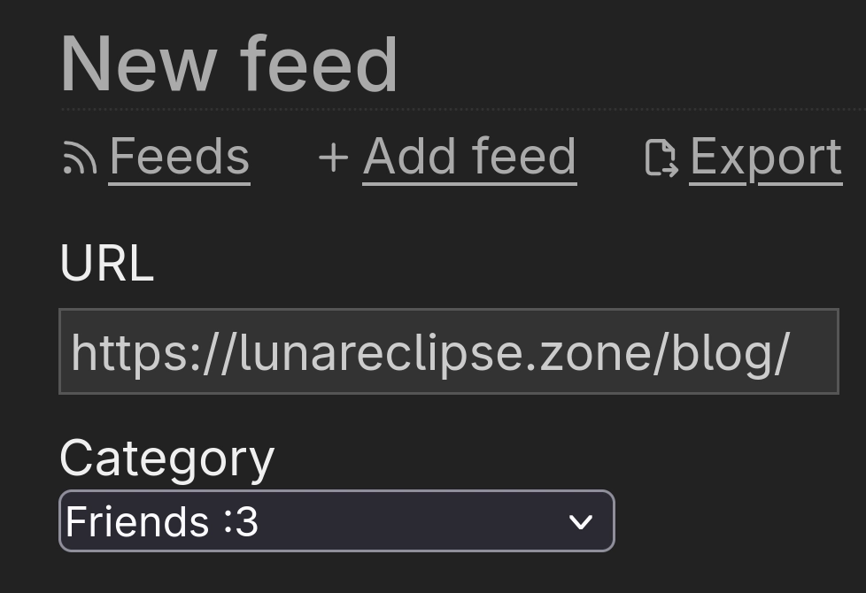 Screenshot of miniflux, adding Luna's blog and tagging it as Category: Friends "smiley emoticon"